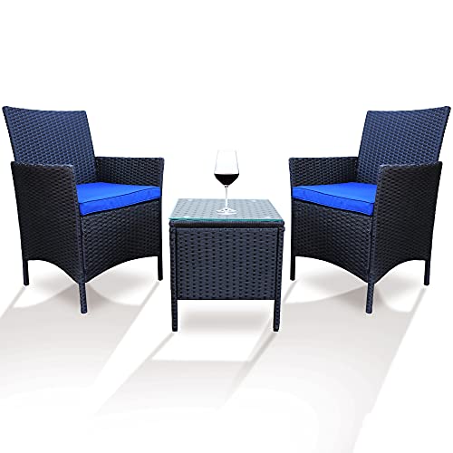 Tochiyoga 3 Pieces Patio Furniture Sets Outdoor Wicker Rattan Conversation Chairs wCoffee Table  Thick Cushions for Porch Garden Poolside Lawn Backyard Pool (Black Sets  Blue Cushion)